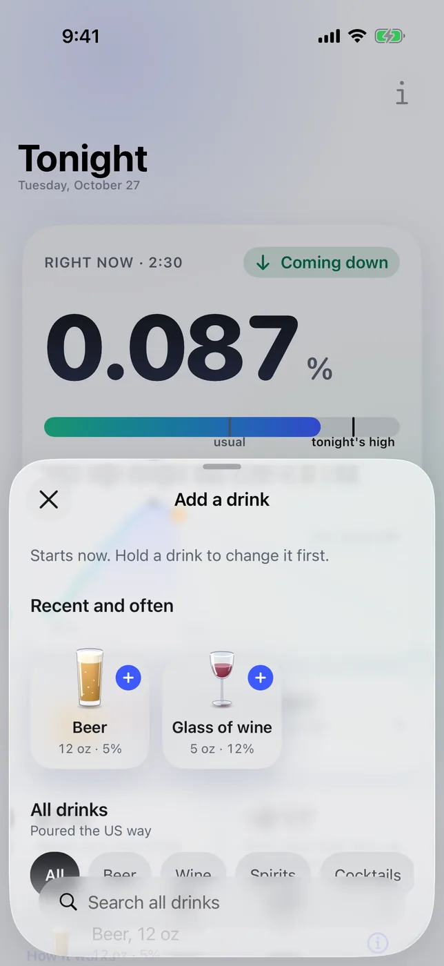 Add a drink: Beer and Glass of Wine under Recent and often, drawn as their glasses, with all drinks and a search below.