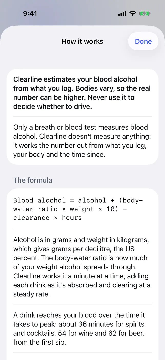 How it works: the estimate note, that only a breath or blood test measures blood alcohol, and the formula explained.