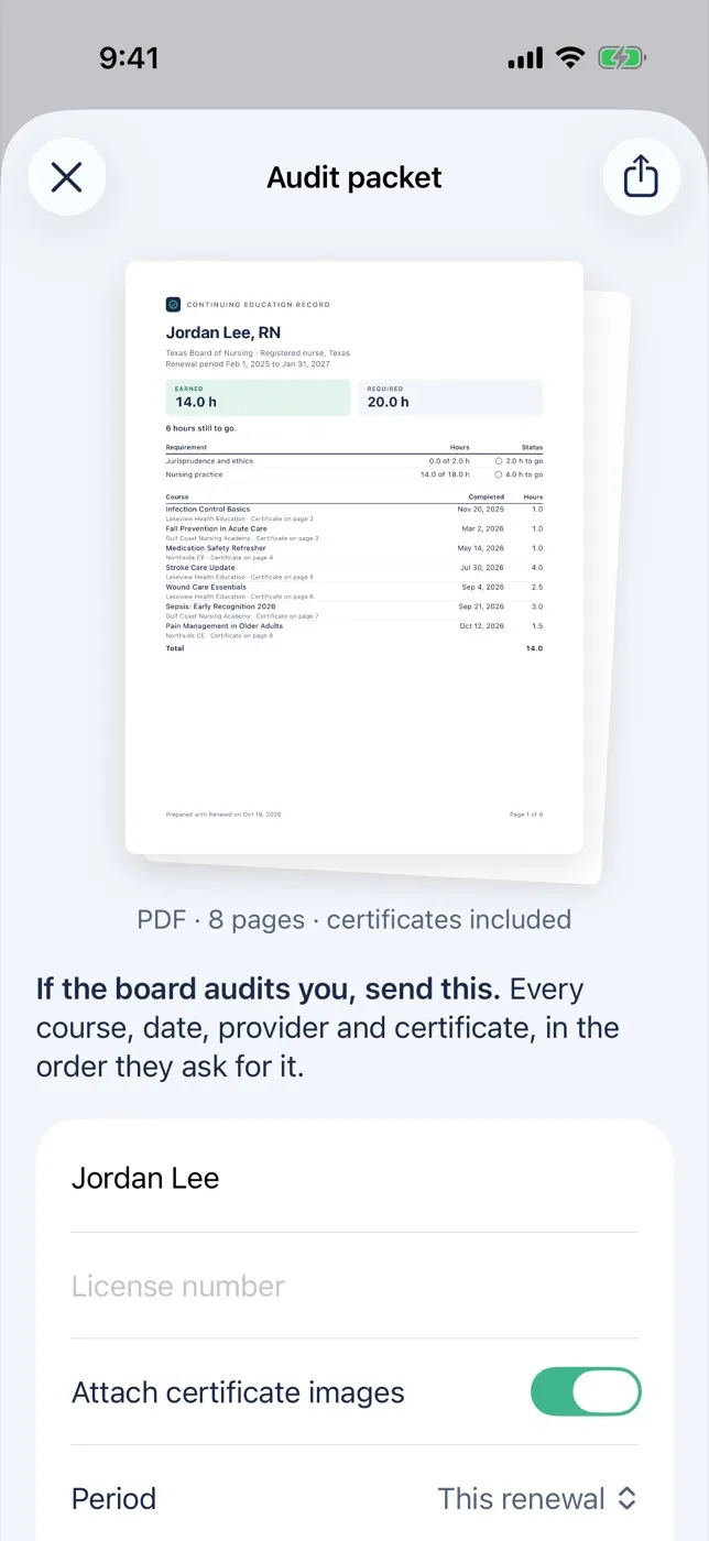 The audit packet: a PDF of 8 pages with every course and the certificates included.